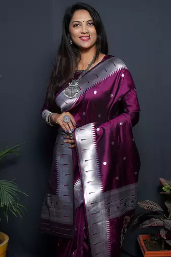 Wine paithani silk blend saree with silver zari border