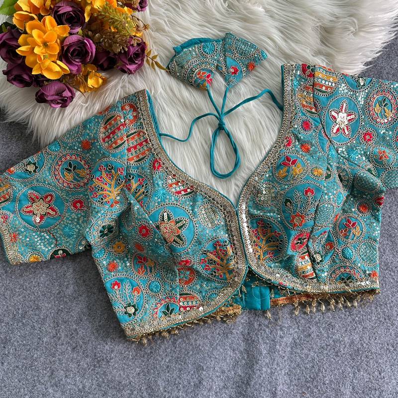 Blue apple cut heavy coding work blouse