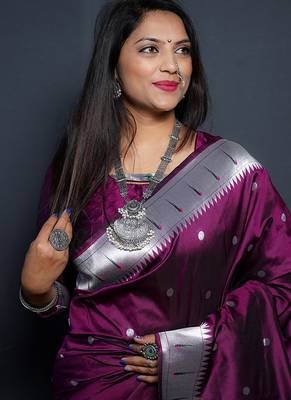 Wine paithani silk blend saree with silver zari border 4