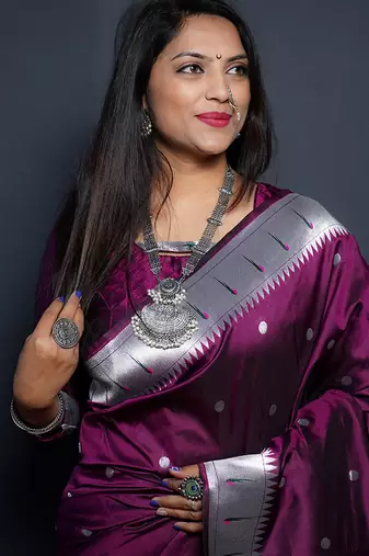 Wine paithani silk blend saree with silver zari border