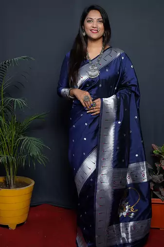 Navy blue paithani silk blend saree with silver zari border