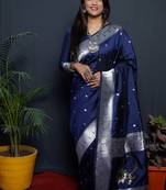 Navy blue paithani silk blend saree with silver zari border