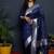 Navy blue paithani silk blend saree with silver zari border