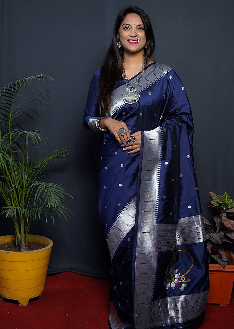 Navy blue paithani silk blend saree with silver zari border