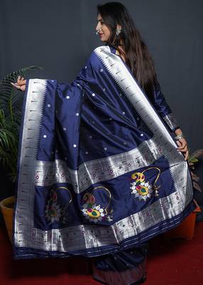 Navy blue paithani silk blend saree with silver zari border 2