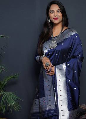 Navy blue paithani silk blend saree with silver zari border 3