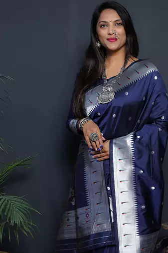 Navy blue paithani silk blend saree with silver zari border