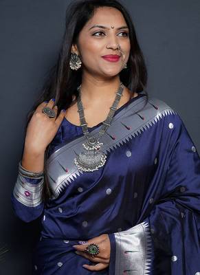 Navy blue paithani silk blend saree with silver zari border 4