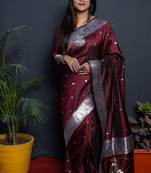 Maroon paithani silk blend saree with silver zari border