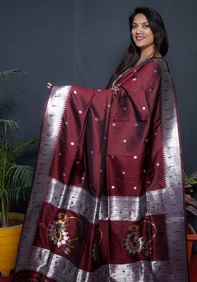 Maroon paithani silk blend saree with silver zari border 2