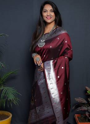 Maroon paithani silk blend saree with silver zari border 3
