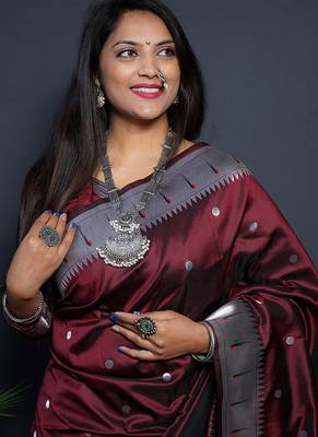Maroon paithani silk blend saree with silver zari border 4