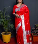 Red paithani silk blend saree with silver zari border