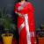 Red paithani silk blend saree with silver zari border