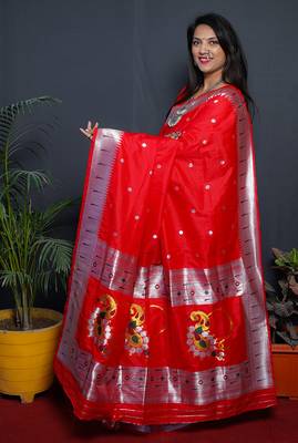 Red paithani silk blend saree with silver zari border 2