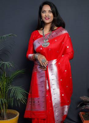 Red paithani silk blend saree with silver zari border 3