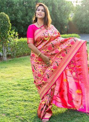 Rani pink paithani silk blend saree with gold zari & peacock meenakari motif 1