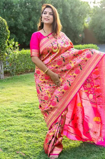 Rani pink paithani silk blend saree with gold zari & peacock meenakari motif