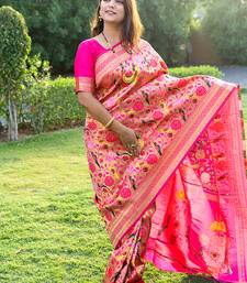 Rani pink paithani silk blend saree with gold zari & peacock meenakari motif