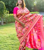 Rani pink paithani silk blend saree with gold zari & peacock meenakari motif