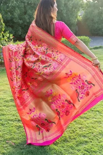 Rani pink paithani silk blend saree with gold zari & peacock meenakari motif