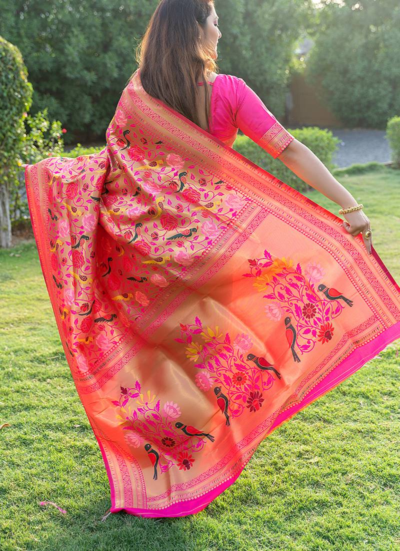 Rani pink paithani silk blend saree with gold zari & peacock meenakari motif