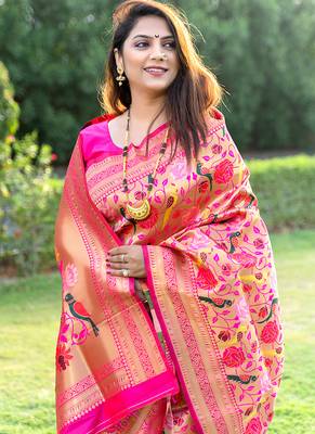 Rani pink paithani silk blend saree with gold zari & peacock meenakari motif 3