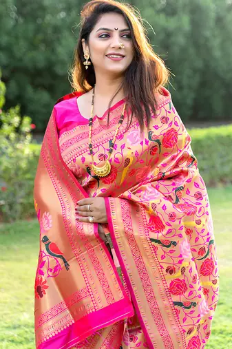 Rani pink paithani silk blend saree with gold zari & peacock meenakari motif