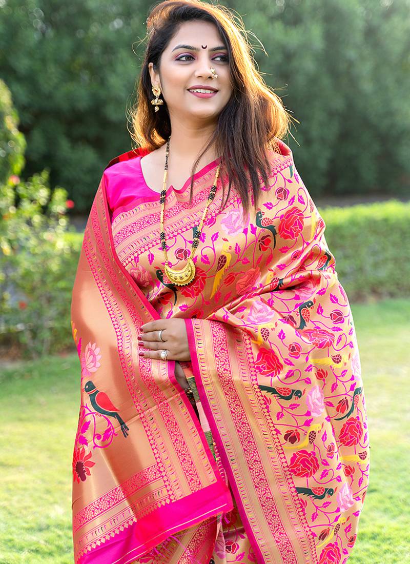 Rani pink paithani silk blend saree with gold zari & peacock meenakari motif