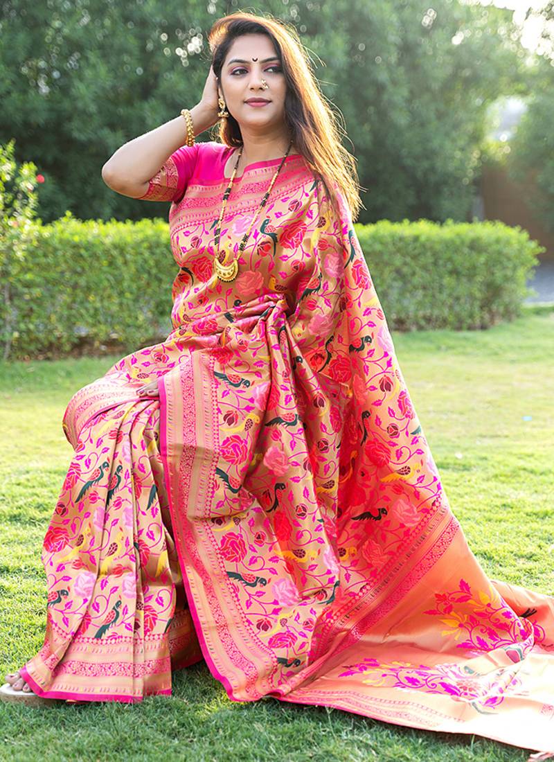 Rani pink paithani silk blend saree with gold zari & peacock meenakari motif