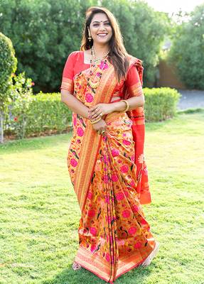 Mustard & gold paithani silk blend saree with gold zari & peacock meenakari motif 1