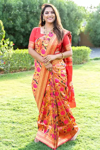 Mustard & gold paithani silk blend saree with gold zari & peacock meenakari motif