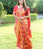 Mustard & gold paithani silk blend saree with gold zari & peacock meenakari motif