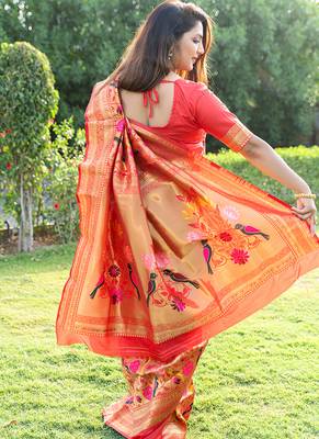 Mustard & gold paithani silk blend saree with gold zari & peacock meenakari motif 2