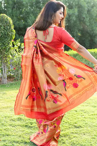 Mustard & gold paithani silk blend saree with gold zari & peacock meenakari motif