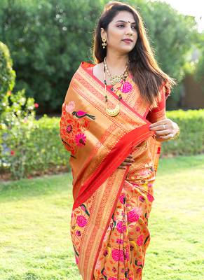 Mustard & gold paithani silk blend saree with gold zari & peacock meenakari motif 3