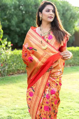Mustard & gold paithani silk blend saree with gold zari & peacock meenakari motif