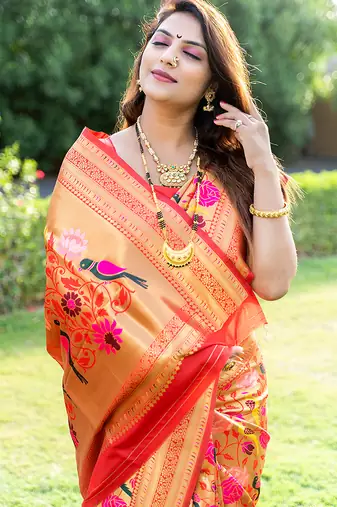 Mustard & gold paithani silk blend saree with gold zari & peacock meenakari motif