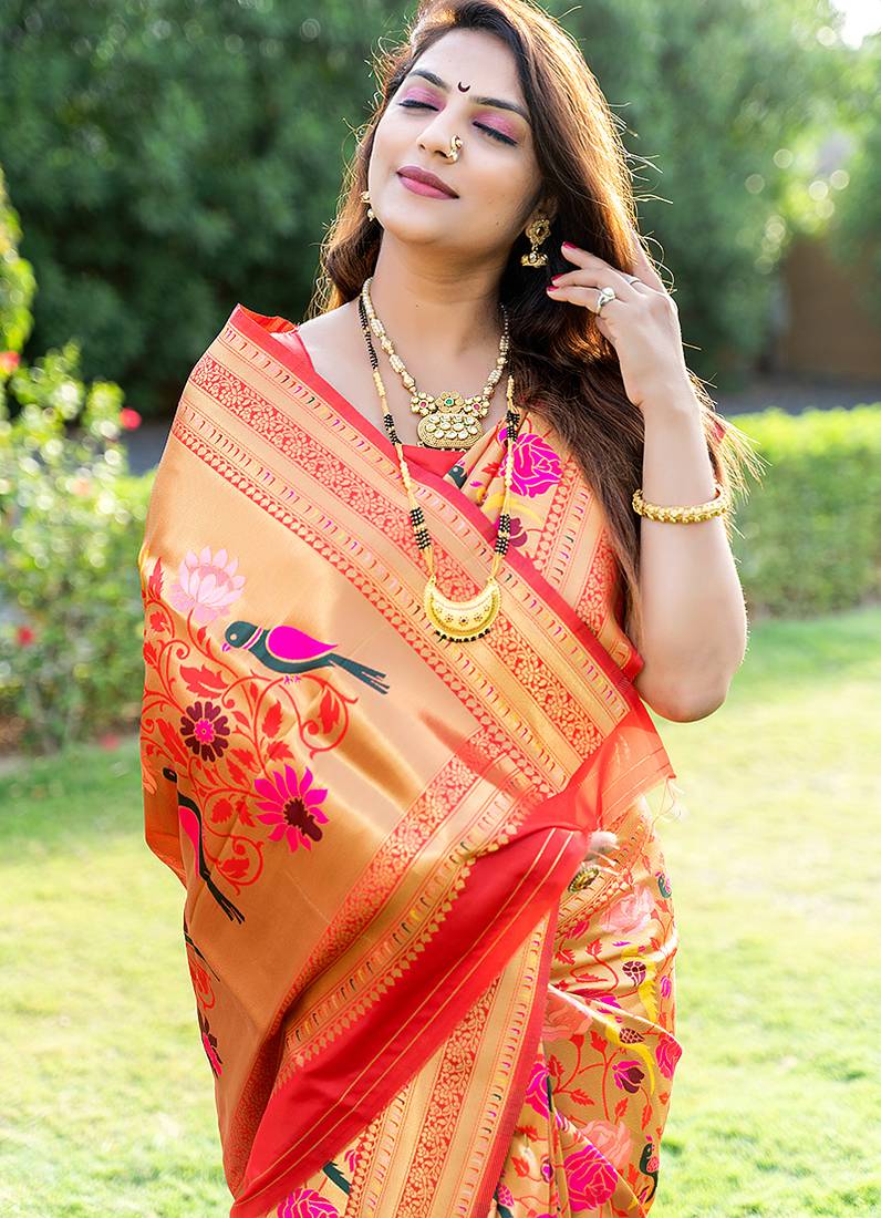 Mustard & gold paithani silk blend saree with gold zari & peacock meenakari motif