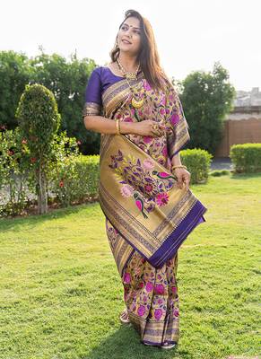 Purple & gold paithani silk blend saree with gold zari & peacock meenakari motif 1