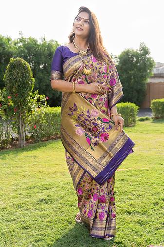 Purple & gold paithani silk blend saree with gold zari & peacock meenakari motif