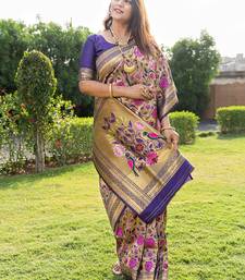 Purple & gold paithani silk blend saree with gold zari & peacock meenakari motif