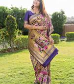 Purple & gold paithani silk blend saree with gold zari & peacock meenakari motif