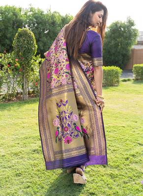 Purple & gold paithani silk blend saree with gold zari & peacock meenakari motif 2