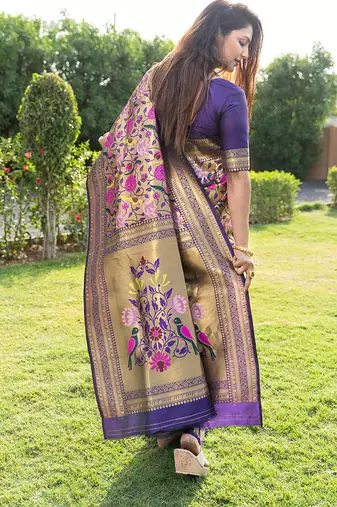 Purple & gold paithani silk blend saree with gold zari & peacock meenakari motif