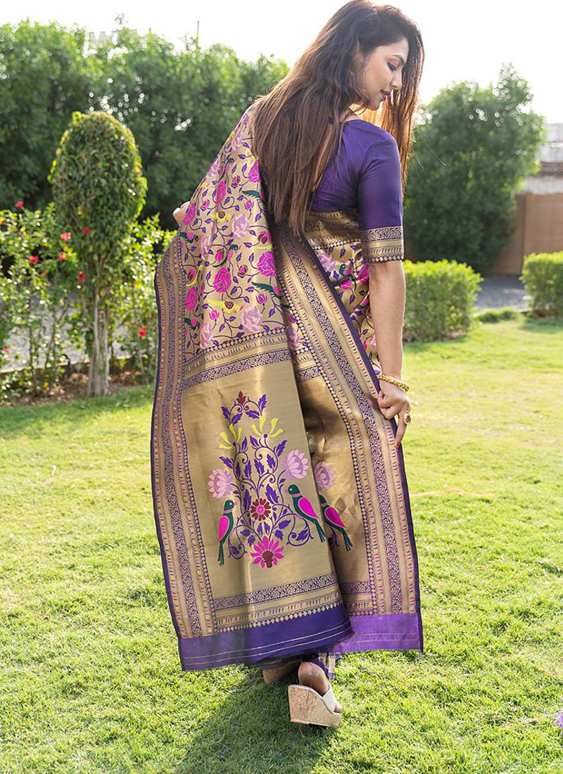Purple & gold paithani silk blend saree with gold zari & peacock meenakari motif