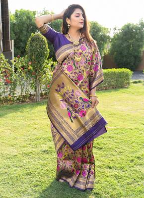 Purple & gold paithani silk blend saree with gold zari & peacock meenakari motif 3