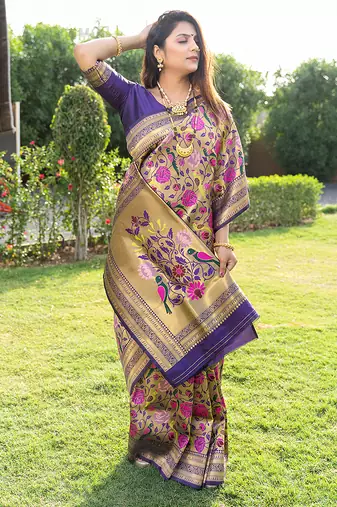 Purple & gold paithani silk blend saree with gold zari & peacock meenakari motif