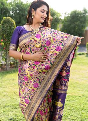 Purple & gold paithani silk blend saree with gold zari & peacock meenakari motif 4