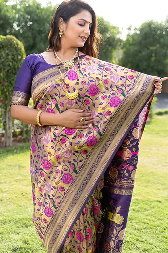 Purple & gold paithani silk blend saree with gold zari & peacock meenakari motif